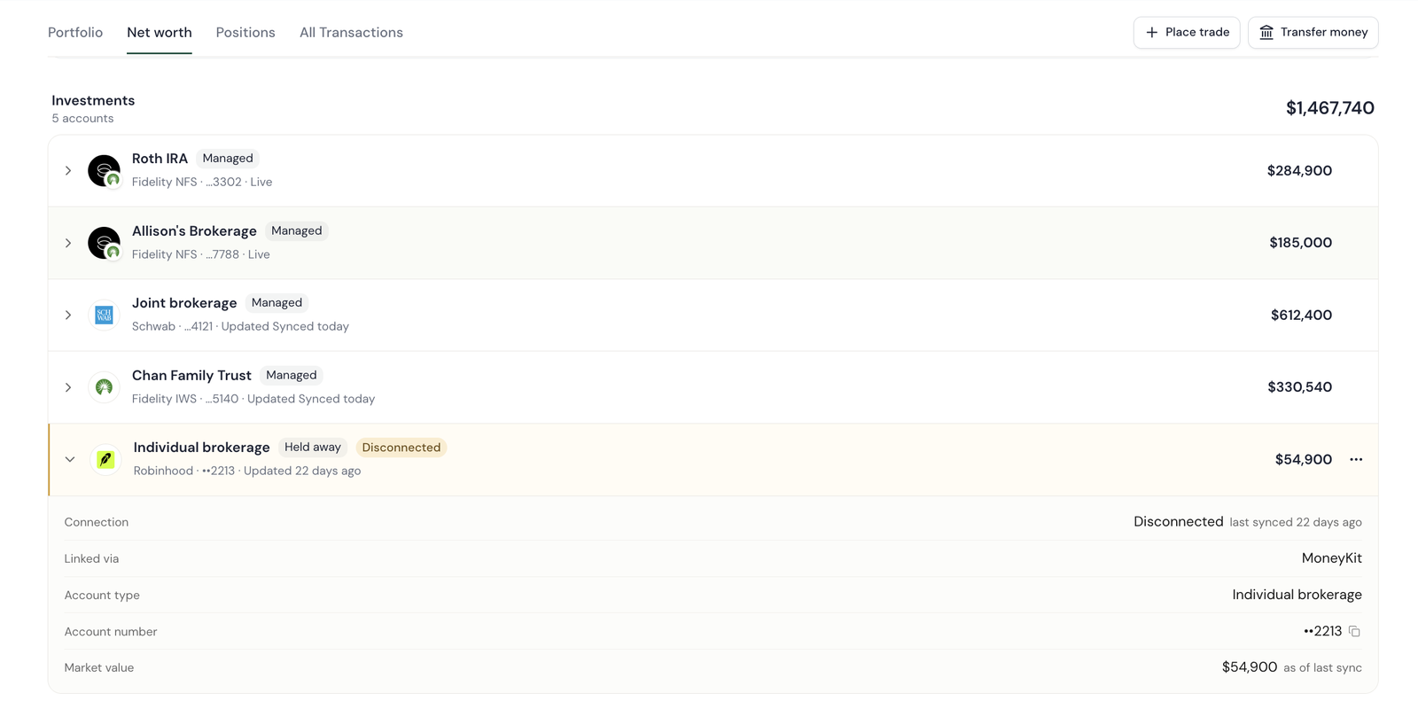 Investments list under Net worth showing NFS accounts marked Live, Schwab and IWS accounts marked synced today, and a Robinhood account flagged Held away and Disconnected