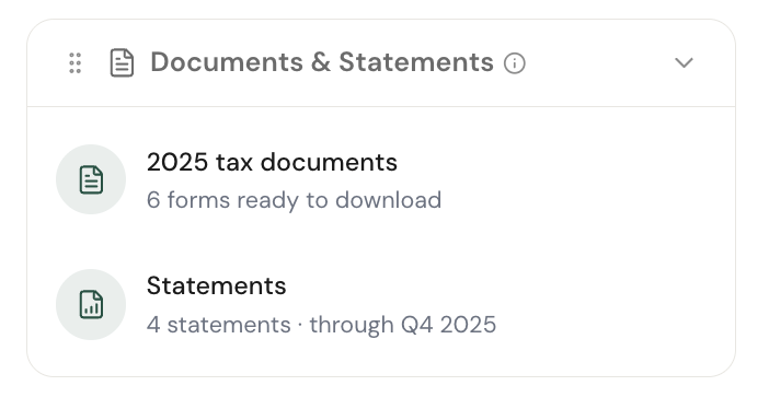 Documents and statements widget with tax documents and statements
